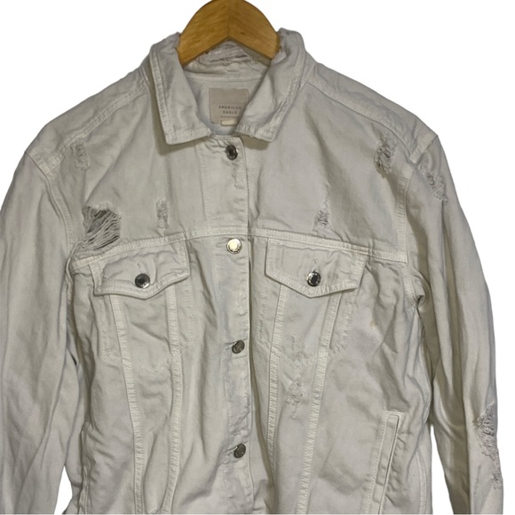 American Eagle Women’s Distressed Denim Jean Jacket Button Down White Size XL - Picture 2 of 8